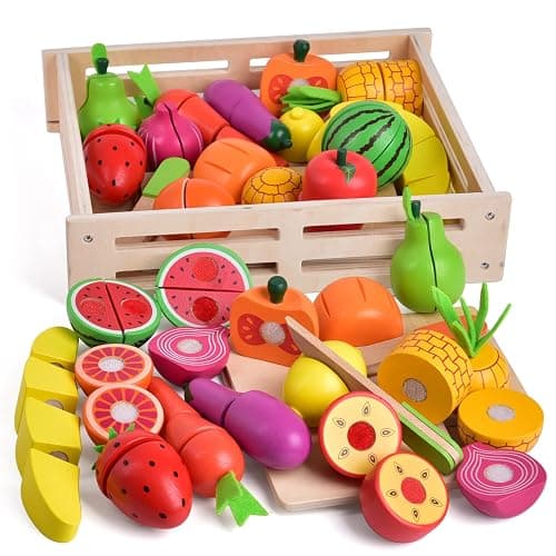 FUN LITTLE TOYS 35PCS Wooden Play Food for Kids Kitchen, Pretend Cutting Food Toys with Wooden Tray, Dishes and Knife for Kids, Pretend Play Food for Christmas Birthday Gifts - Image 1