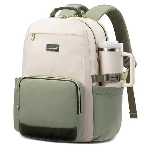 LOVEVOOK Laptop Backpack for Women with Pouch Pocket for Large Capacity Cup,15.6 Inch Laptop Computer Bag Travel Backpack Purse,Waterproof Work College Teacher Bags,White-Bean Green-Dark Olive Green - Image 1