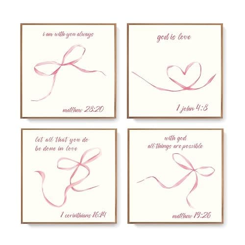 LARTSFRO Coquette Pink Bow Wall Art Decor Posters, Pink Bow Room Bedroom Bathroom Dorm Wall Art Decor Aesthetic for College Teen Girls Gifts, Inspirational Bible Verses Bow Wall Decor, 10x10 Inch Set of 4 Bow Pictures UNFRAMED - Image 1