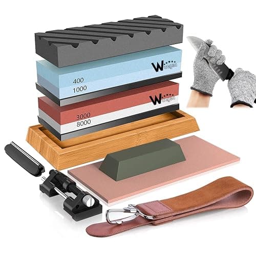 Professional Knife Sharpeners kit – 400/1000 3000/8000 Grit Whetstone Knife Sharpener Set with Non-Slip Rubber Base, Angle Guide, Flattening, Leather Strop and Cut Resistant Gloves - Image 1