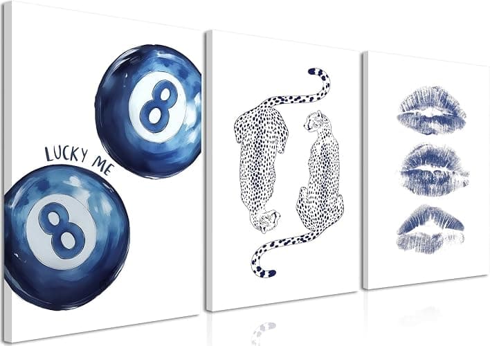 Framed Blue Preppy Canvas Wall Art Set of 3, Cheetah Pictures Wall Decor Paintings, Funky Lucky 8 Ball Poster Prints, Trendy Lip Modern Aesthetic Home Decor for Living Room Bedroom Dorm 12x16 inch - Image 1