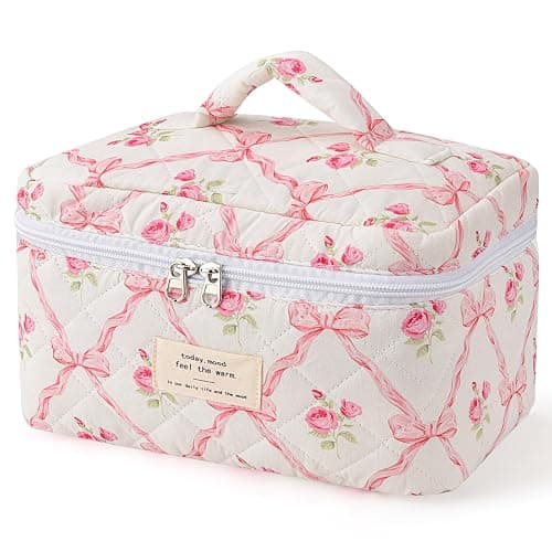 MZLUWM Large Travel Quilted Makeup Bag,Cute Bow Cotton cosmetic bag, Fashionable aesthetic makeup bag,Coquette Aesthetic Floral Travel Toiletry Bag for Women and Girls - Image 1