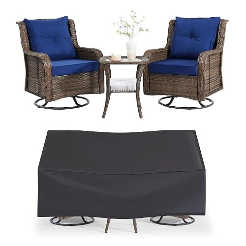 Wumiokio Patio Furniture Sets, 3 Pieces Wicker Outdoor Furniture - 360 Degree Swivel Rocking Chairs and Rattan Side Table for Garden,Porch,Backyard (Brown Wicker/Blue Cushion, 3PCS - Swivel Chairs) - Image 1