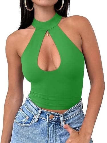 REORIA Women's Sexy Going Out Halter Neck Crop Tops Trendy Cut Out Sleeveless Y2K Nightout Clubwear Tank Tops - Image 1