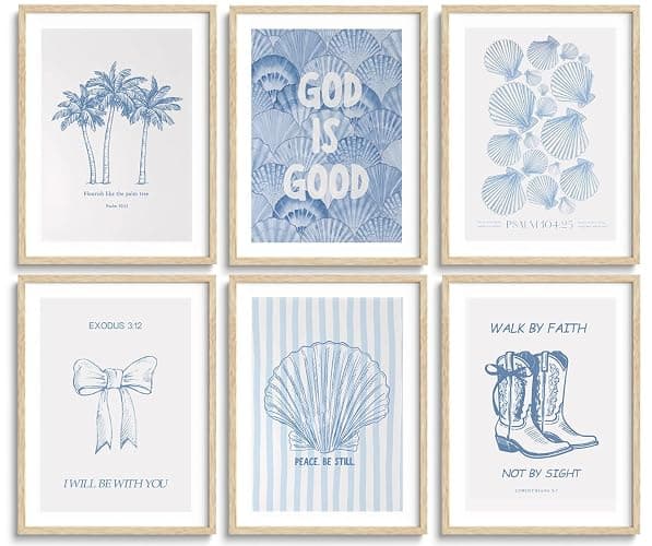 6 Pcs Coastal Christian Wall Art Blue Seashell Scripture Quote Wall Decor Pictures Coastal Granddaughter Preppy Religion Aesthetics Posters Prints for Living Room Bedroom Home Decorations Unframed - Image 1