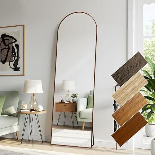 Arched 19x57 Inch Full Length Mirrors Aluminium Frame in Retro Reddish Brown Wood Looking Free Standing Floor Mirror Full Body Wall Mounted for Bedroom Living Room and Hallway - Image 1