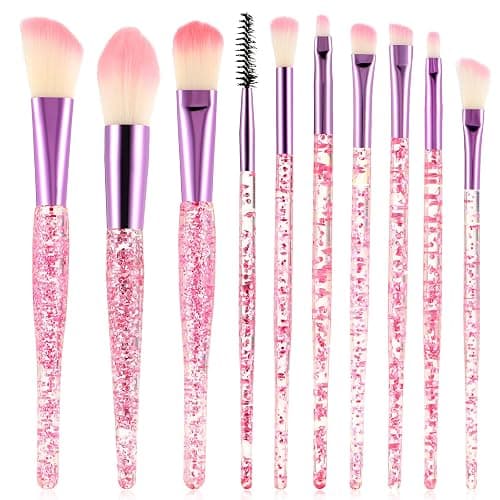 WLLHYF Glitter Crystal Makeup Brush Set 10 Piece Bling Professional Foundation Concealer Eye Shadow Eyeliner Blush Lip Blending Synthetic Brushes Tools Kit Essentials Transparent Handle Women Girls - pink - Image 1