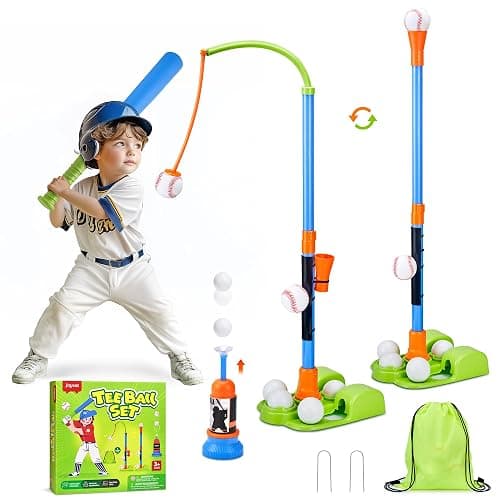 JoyCat 3-in-1 T Ball Set for Kids 3-5,Toddler Baseball Set-T Ball Stand,Hanging Tee,Auto Launcher,6 Balls-Adjustable Height Sports&Outdoor/Indoor Toys for 3 4 5 6 7 8 Year Old Boy Girl Birthday Gift | Adjustable stand switches among tee, hanging-ball and auto-launcher play for indoor or backyard batting practice - Image 1