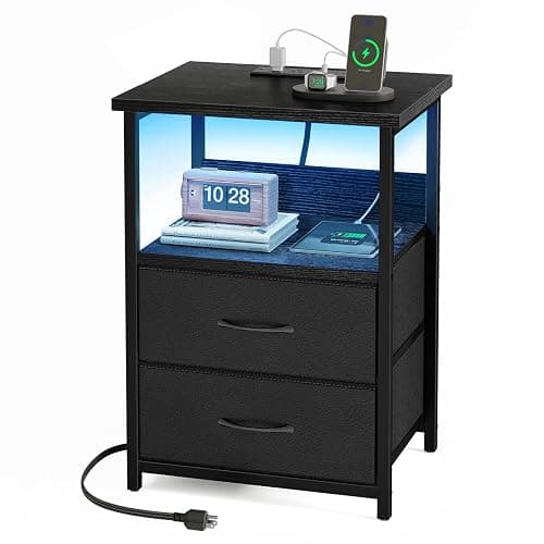 Fixwal Night Stand with Charging Station, LED Nightstand with U-S-B Ports and Outlets, 2 Fabric Storage Drawers with PU Finish, Small Bedside Table, Black - Image 1