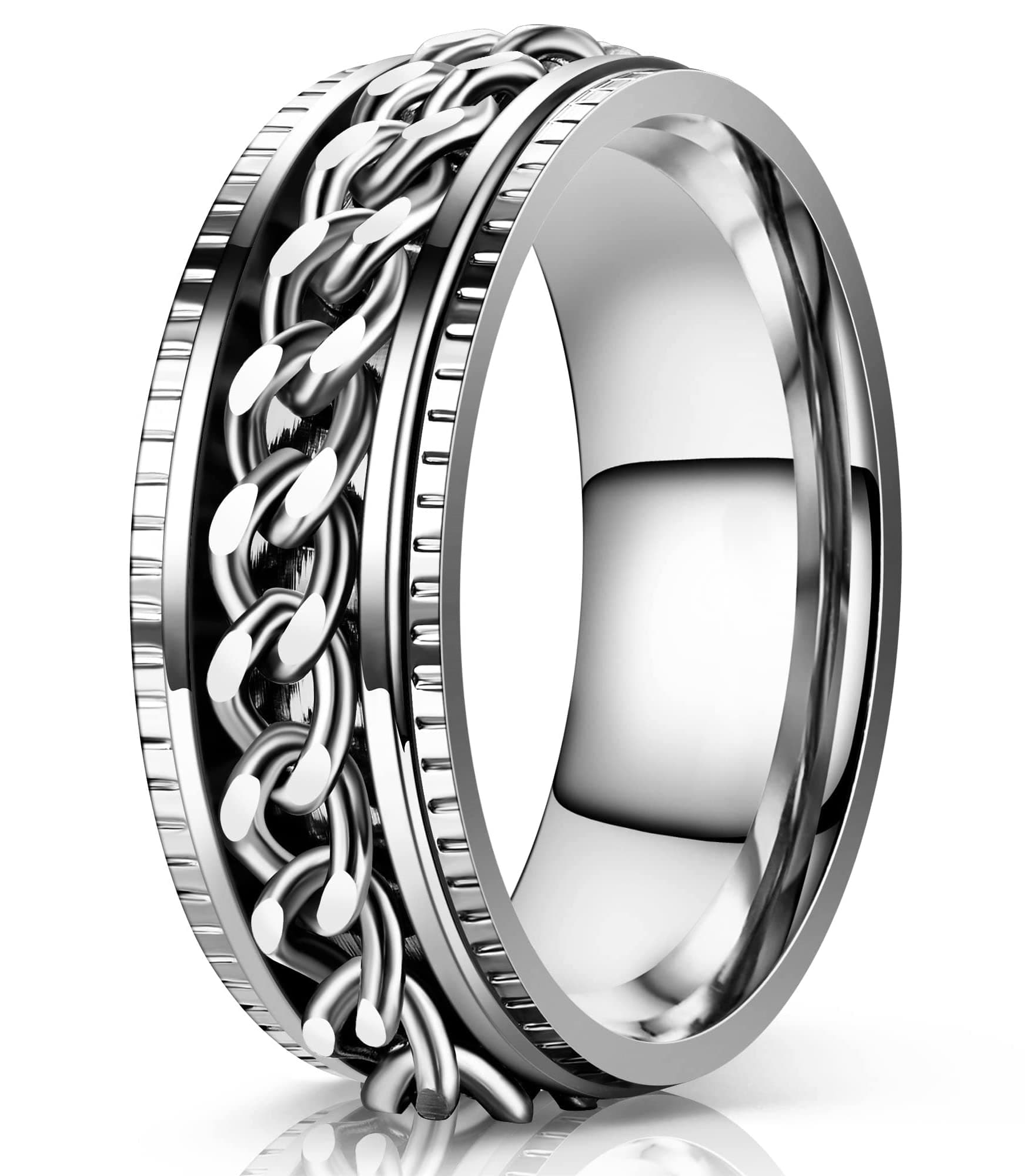 LIAN Stainless Steel Spinner Rings for Men Women Fidget Rings Chain Ring Band Rings 8mm Black/Silver 6-13 - Image 1