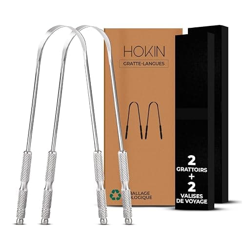 HOKIN Gratte langue pour adultes Gratte-langue acier inoxydable mauvaise haleine traitement 100% Métal Tongue Scraper Cleaner pour hommes et femmes Brosse langue nettoyeur d'hygiène buccale (2 pièces) - Image 1