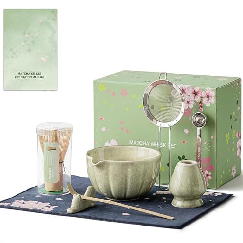 8 Pcs Matcha Whisk Set - HTRCXB Matcha Set with Ceramic Bowl, Bamboo Whisk & Holder, Scoop, Sifter, Measuring Spoon, Scoop Rest & Tea Towel, Complete Gift Kit for Beginners & Tea Lovers - Image 1