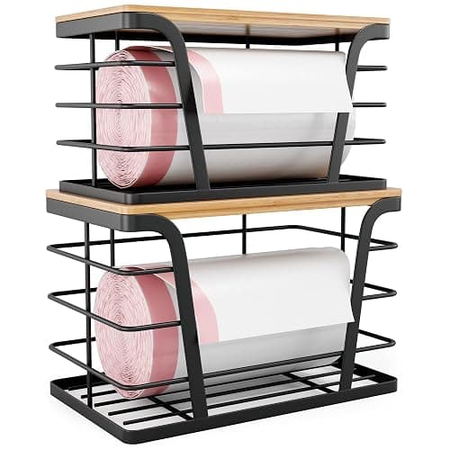 TIDIIABODE 2 Pack Stackable Storage Laundry Kitchen Organizers, Wall Mount Trash Bag Holder with Bamboo Top and Garbage Bag Dispenser No Drill - Image 1