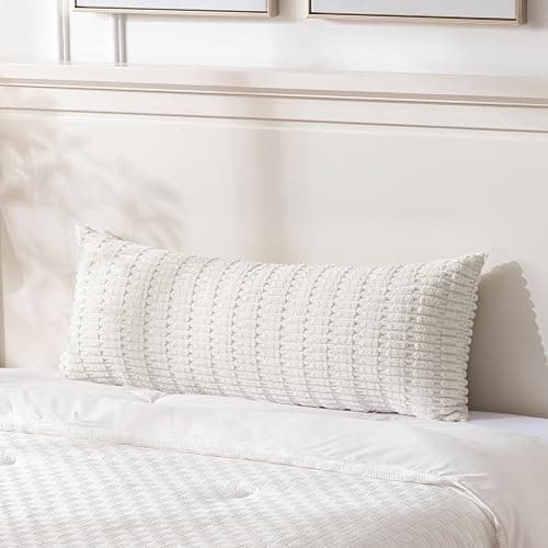 Fancy Homi Cream Boho Long Body Lumbar Decorative Throw Pillow Cover 14x36 Inch for Bed Couch Bedroom Bench, Soft Corduroy Rectangle Solid Pillow Case 35x91 cm, Rustic Farmhouse Room Decor - 36" x 14" (Pack of 1) - Cream - Image 1