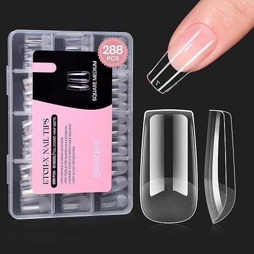 Beetles Gel Nail Tips Etch-X, Square Medium, 288Pcs 12 Sizes, Pre-Etched Half Matte Soft Acrylic False Nail Tips Full Cover Easy DIY Fake Press On Fall Nail Extension Salon Gift for Women - Image 1