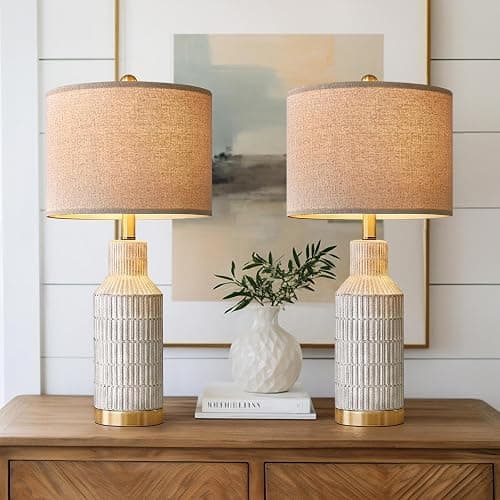 USumkky 25" Table Lamps Set of 2 - Modern Bedside Lamps for Living Room - White Washed Ceramic Nightstand Lamps for Bedroom - Image 1
