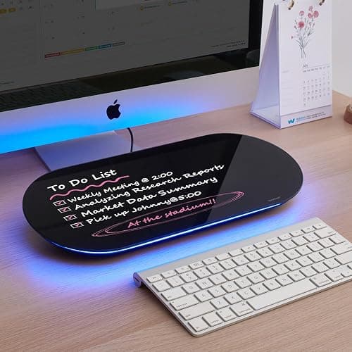 TSJ OFFICE Glass Desktop Whiteboard - 17 X 7 Inches Small Dry Erase Board with Blue Light, Glass White Board Surface Notepad with 1 Drawer, Desk Organizers for Office, Home, School Supplies (Black) - Image 1