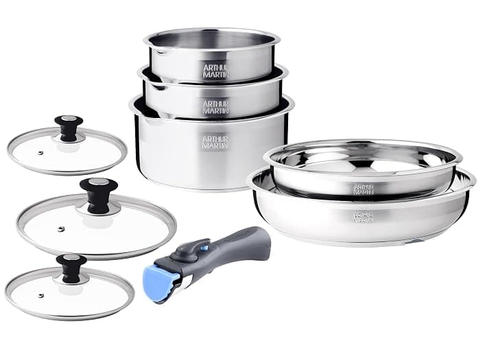 Arthur Martin, Set de Cuisine 10 pièces en Acier Inoxydable - 2 Poêles (24-26 cm), 3 Casseroles (16-18-20 cm), 3 Couvercles en Verre, 1 Ustensile en Nylon, Tous Feux Induction, Pratique et Ergonomique - Image 1