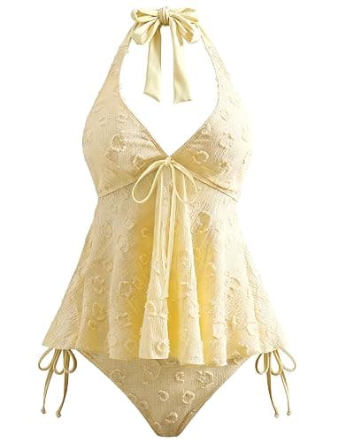 XZI Womens Tankini Swimsuits 2 Piece, Textured Jacquard Peplum Top, Adjustable Halter Bathing Suits, Mid-Low Bikini Bottoms - Image 1
