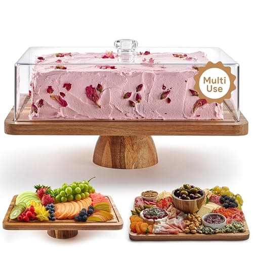 HOMESPHERE Acacia Wood Cake Stand with Lid - Rectangular Cake Holder, 2-in-1 Dessert Table Display Set & Charcuterie Board for Cheese, Chips, Fruit Platter, Large Acrylic Cake Dome Cover, No Glass - Image 1