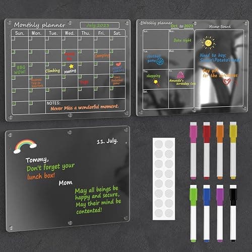 Magnetic Acrylic Calendar for Fridge,3 Pack 11"x15" Clear Fridge Calendar Dry Erase Planning Boards Set Includes 6 Colorful Highlight Markers,Magnetic Pen Holder and Erase Towel - Image 1