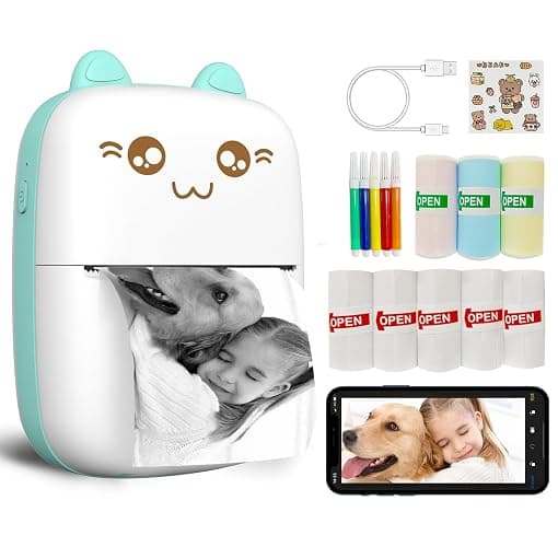 Mini Printer Portable, Inkless Sticker printer with 8 Rolls Paper, Bluetooth Wireless mini thermal printer Compatible with iOS + Android for Journal, Memo, Photo, Print Pod Gifts for Girls Kids - Blue - Image 1