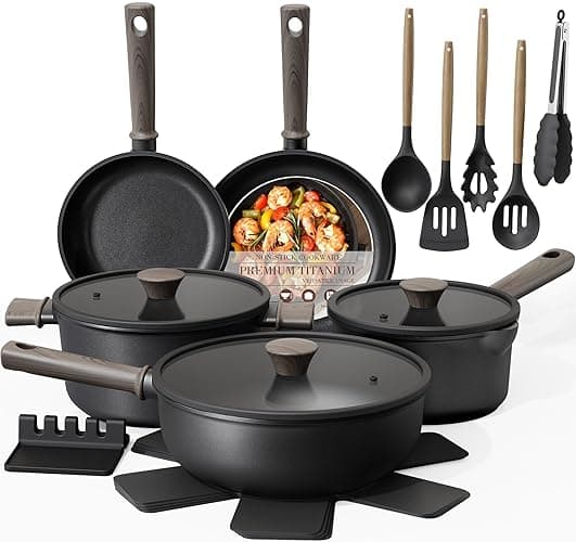 Astercook Non Stick Pots and Pans Set, Healthy Non-Toxic Titanium Induction Kitchen Cookware Sets for Cooking with Frying Pans, PFAS/PTFE/PFOA & PFOS Free, Black, 19 Pcs - Image 1