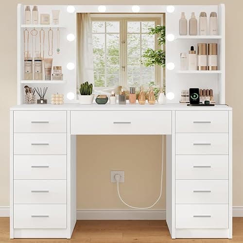 TEENFON Grande Toeletta, Toeletta da Trucco con Specchio e Luce LED, 3 Colori Regolabili, Postazione Trucco con 11 Cassetti, 4 Ripiani e 5 Ganci, Cassettiera Moderna, Bian - Image 1