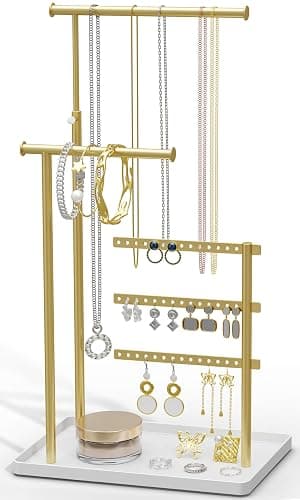 susswiff Jewelry Holder Organizer Stand - Adjustable Tall 17.5" (Max), Sturdy Jewelry Hanger for Necklaces, Earrings, Bracelets, Rings, Jewlery Display and Storage, Gold and White, Metal - Image 1