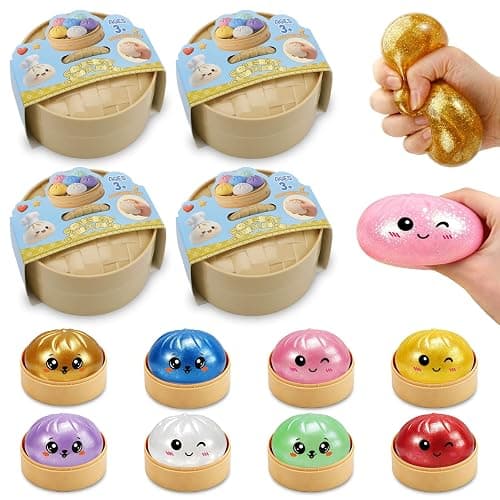 Dumpling Squishy Mystery Box – 4 Pcs Dumpling Squishies Glitter Per Box (from 8 Colors) – 100% Rare Hidden Edition Included, Cute Face Squeezable Bun Stress Relief Toys (4 Pack) - Image 1