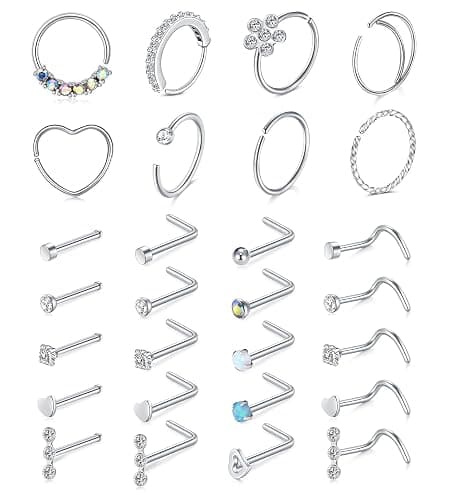 Mayhoop 20g Nose Rings Hoops And Studs For Women Men - Hypoallergenic 316L Surgical Stainless Steel L Shape Nose Screw Bone Silver Rose Gold Black Rainbow Pack 28Pcs - Image 1