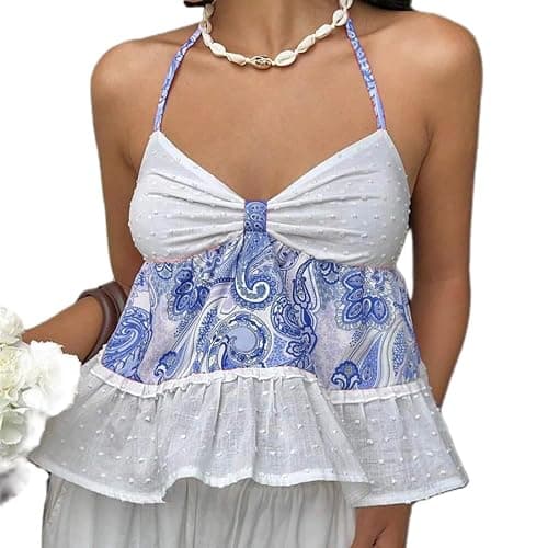 Women Y2K Halter Neck Cami Top Ruched Front Swiss Dot Floral Patchwork Backless Tank Top Summer Beach Boho Camisole - Image 1