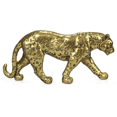 POLYDUKE Modern Polyresin Cheetah Figurine Home Décor Realistic Antique Classical Leopard Statues Living Room Decor Ornament Figures,Gold 7.1" H…… - Gold - 15.65"L x 6.75"H - Image 1