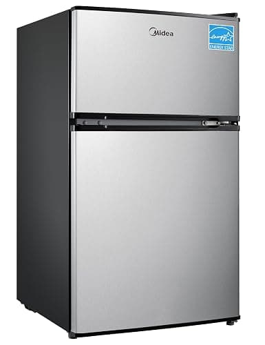 Midea WHD-113FSS1 Double Door Mini Fridge with Freezer for Bedroom Office with Adjustable Legs Removable Glass Shelves Compact Refrigerator, 3.1 cu ft, Stainless Steel - Image 1
