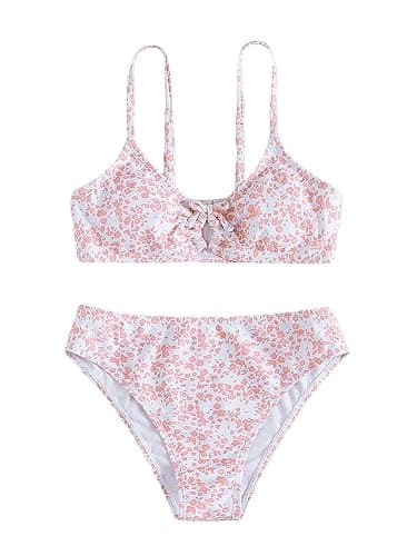 COZYEASE Girls' 2 Piece Ditsy Floral Print Knot Front Ruched Triangle Bikini Swimsuit - 11 Years - Multicolor - Image 1