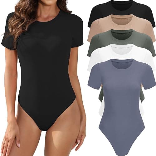 MLYENX 5 Pack Body Suits for Womens Short Sleeve Round Neck Casual Stretchy Basic T Shirt Bodysuit Tops - 5packļ¼black,white,olive Green,nude,dark Blue - Large - Image 1