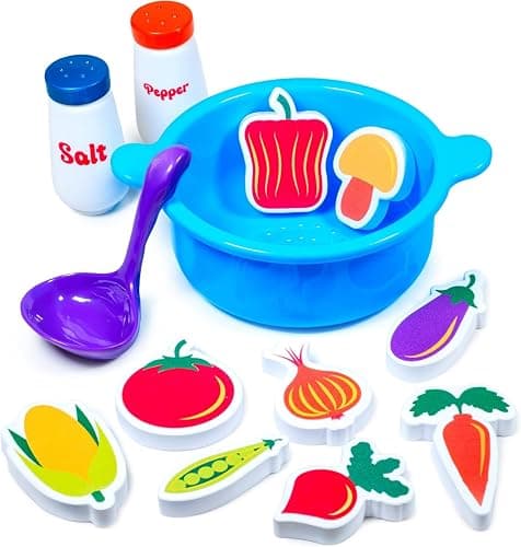 Tub Works® Tub Soup™ Scoop, Strain & Play Toddler Bath Toy | Floating Foam Veggies, Ladle for Scooping & Soup Pot for Straining | Pretend Play Cooking Kids Bath Toys | Creative Bathtub Toys - Image 1