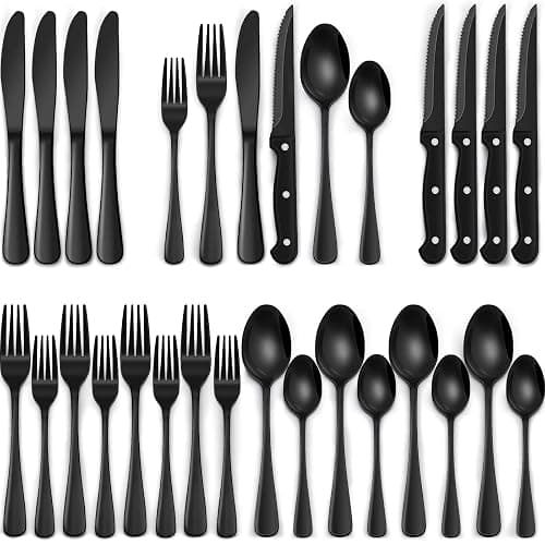 24-Piece Black Silverware Set with Steak Knives, Black Flatware Set for 4, Food-Grade Stainless Steel Tableware Cutlery Set, Mirror Finished Utensil Sets for Home Restaurant - Image 1