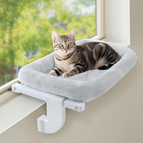 GUUSII HOME Hamac pour Chat Fenetre Panier Suspendu Chats Perchoir Lit Radiateur Etagere Transat Balcon Robuste Pas de Ventouse Facile à Monter et à déplacer Jusqu'à 18kg (Gris, L) - Image 1