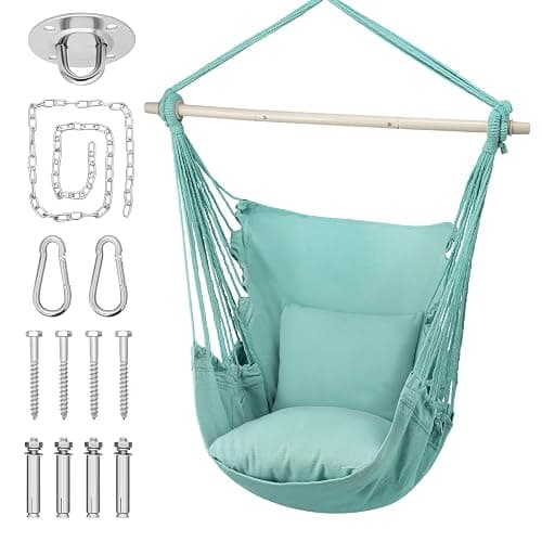 MoNiBloom Hammock Chair Hanging Rope Swing w/2 Cushions, Boho Macrame Hanging Chair Max 350 lbs Capacity w Pocket, Hardware Kit Included, Green - Image 1