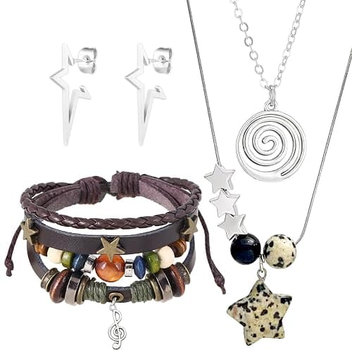 BATHRINS Y2k Grunge Jewelry Accessories - Spike Star Earrings Dangle,Gothic Swirl Star Necklace,Leather Bracelet For Halloween Rave Concert Alt Punk Emo Accessories - Image 1