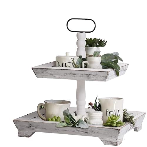 Tiered Tray Stand Farmhouse Tiered Tray for Decors Holder 2 Tiered Tray Stand for Kitchen Bedroom Entryway Coffee Bar - Image 1