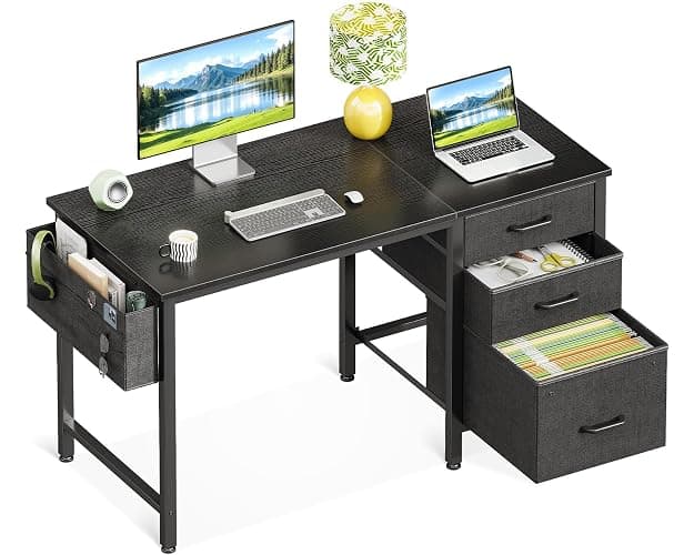Casaottima 40" Small Computer Home Office Desk for Bedroom with Fabric Drawers & File Cabinet, Cloth Storage Bag and Hook, Writing Study Work Table for Small Space, Black - Image 1