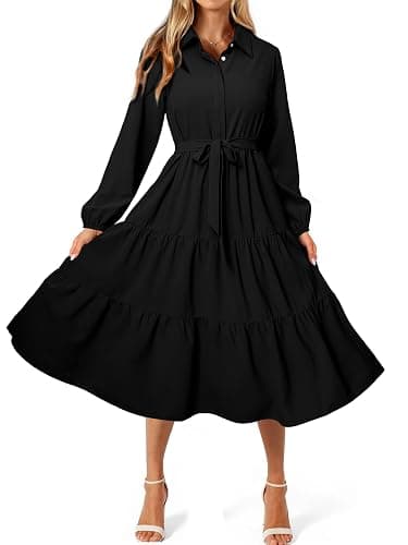 BerryGo Womens Long Sleeve Dresses 2026 Maxi Casual V Neck Belted Button Down Wedding Guest Shirt Dress with Pockets - Image 1