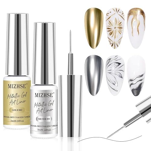 MIZHSE Gold Silver Metallic Gel Liner Nail Polish, Mirror Chrome Nail Art Striper Gel with Precision Brush for Thin Line Drawing, Glossy Shimmer Glitter Metal Painted French Swirl Design - Image 1