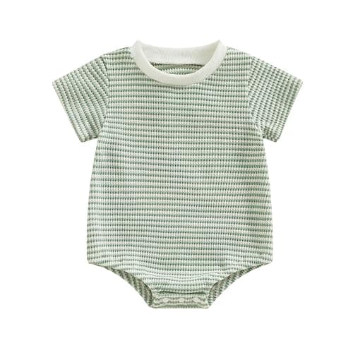 VISGOGO Unisex Baby Boy Girl Striped Romper Waffle Short Sleeve Bubble Oversized Romper Bodysuit Summer Onesie Clothes - Green - 0-3 Months - Image 1