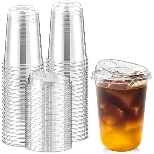 Jycnolm [50 Pack-16oz Round Bottom Clear Plastic Cups with Strawless Sip Lids, Disposable Iced Coffee Cups with Lids To Go Cups for Smoothies, Party Drinks, Cold Beverage - Image 1