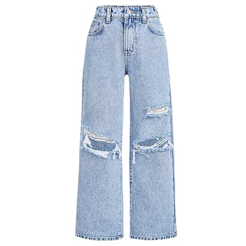 Ripped Denim Jeans for Kids Straight Wide Leg Distressed Washed Cotton Baggy Pants Casual Lightweight - Image 1