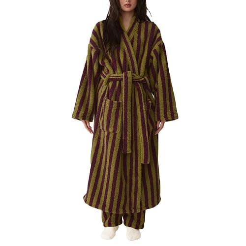 Homgro Women's Fuzzy Fleece Long Robe Striped Plush Kimono Warm Thick Fluffy Oversized V Neck Loungewear Maxi Bathrobe - Image 1