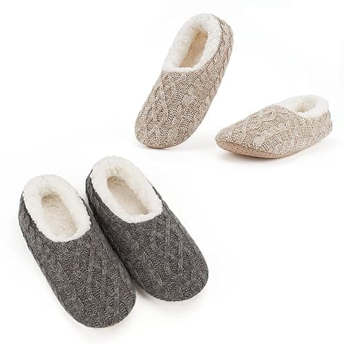 Cozylook 2-Pair Women's Soft Sole Slipper Socks with Grippers, Thick Warm Cozy Sherpa Lined Home Socks Set, Cable Knitted Non-slip Fluffy Winter House Bedroom Slippers - Image 1